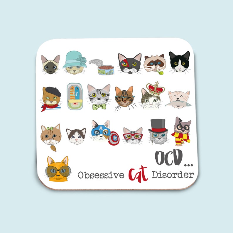 May include: White square coaster with a humorous illustration of 16 cats wearing different hats and accessories. The text "OCD... Obsessive Cat Disorder" is printed below the cats.