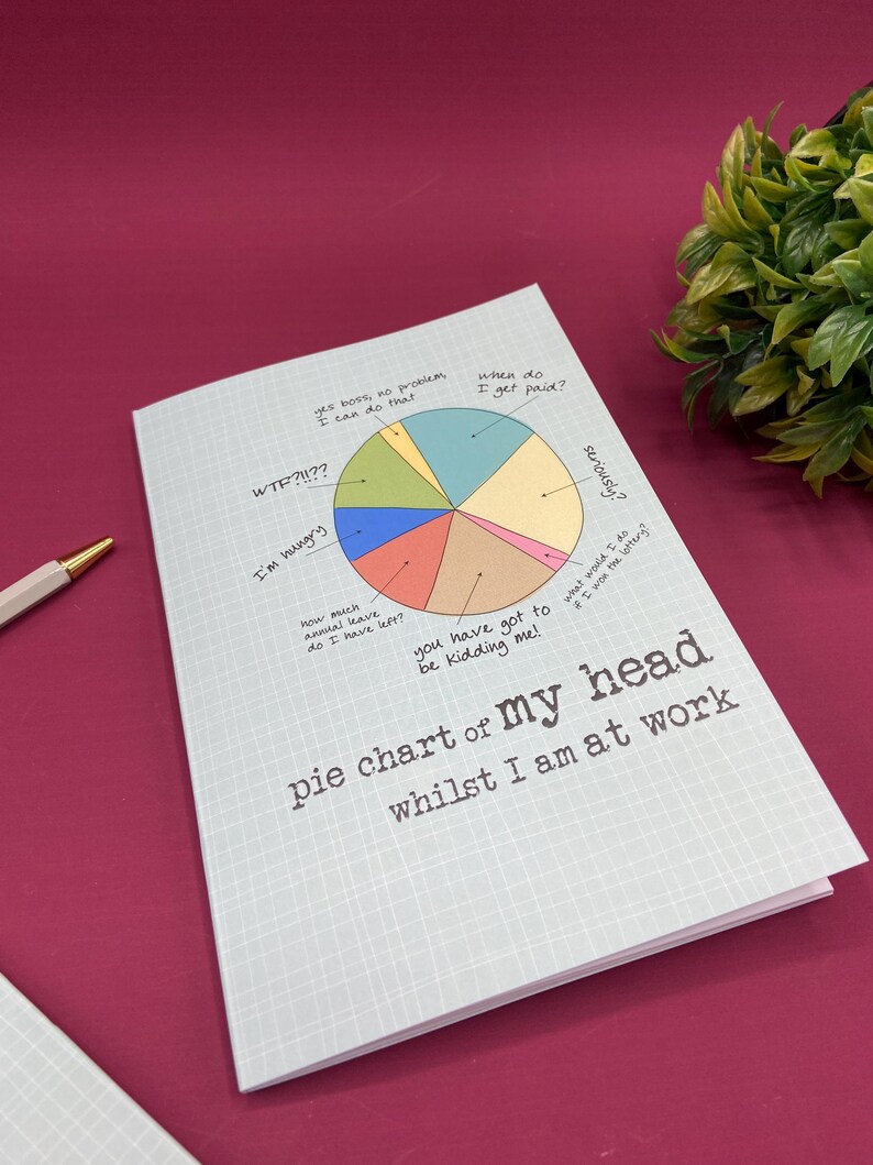 Puede incluir: Un cuaderno azul claro con un gr&aacute;fico de tarta titulado "pie chart of my head whilst I am at work". El gr&aacute;fico incluye frases humor&iacute;sticas relacionadas con el trabajo. Un bol&iacute;grafo es visible en el fondo.