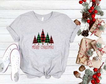 Merry Christmas Buffalo Plaid Tree Shirt, Holiday Tee