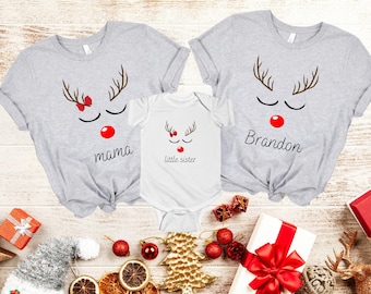 Personalized Reindeer Family Christmas Shirts, Matching Holiday Pajamas