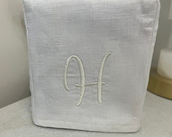 Linen monogrammed tissue box cover