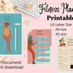 May include: Printable fitness planner in US Letter, A4, and A5 sizes. The planner includes a body measurement tracker, a fitness schedule, and a 5-day workout planner.