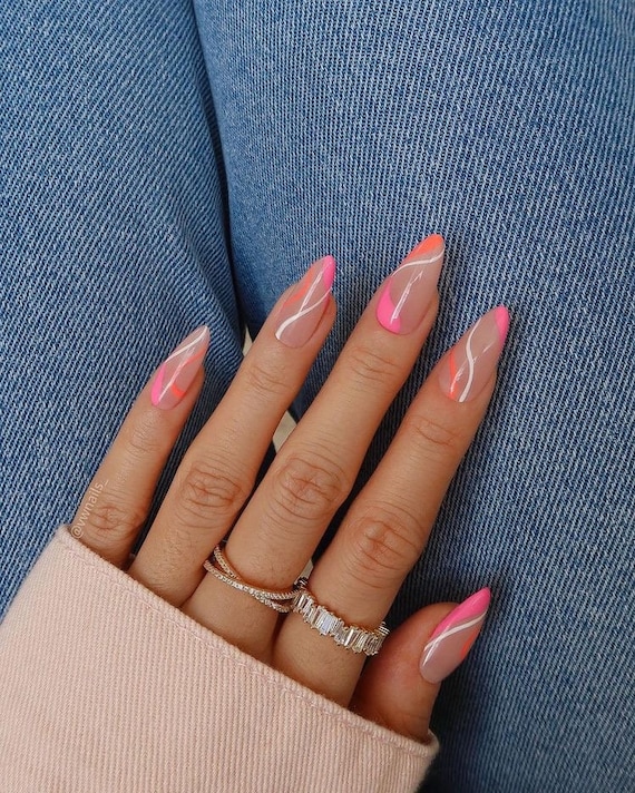 Pink and Orange Nails White Swirls Nails Fake Nails Glue Etsy