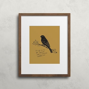 His Eye Is On The Sparrow  • Scripture Digital Print • Mustard Folk Art Bird Printable • Christian Wall Art Poster