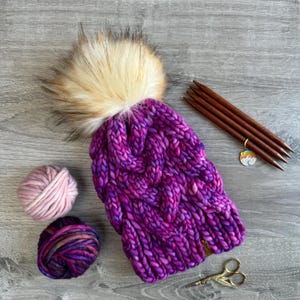 Quality Merino Wool Hand Knit Hat, Pink Purple Delta Cable Beanie, with Detachable Faux Fur Pom Pom - by Canyon Knits