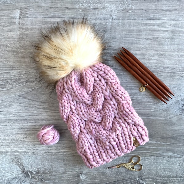 Quality Merino Wool Hand Knit Hat, Light Pink Delta Cable Beanie, with Detachable Faux Fur Pom Pom - by Canyon Knits