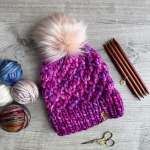 Quality Merino Wool Hand Knit Hat, Soft Pink Tula Beanie, with Detachable Faux Fur Pom Pom - by Canyon Knits
