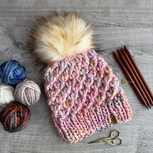Quality Merino Wool Hand Knit Hat, Soft Pink Tula Beanie, with Detachable Faux Fur Pom Pom - by Canyon Knits