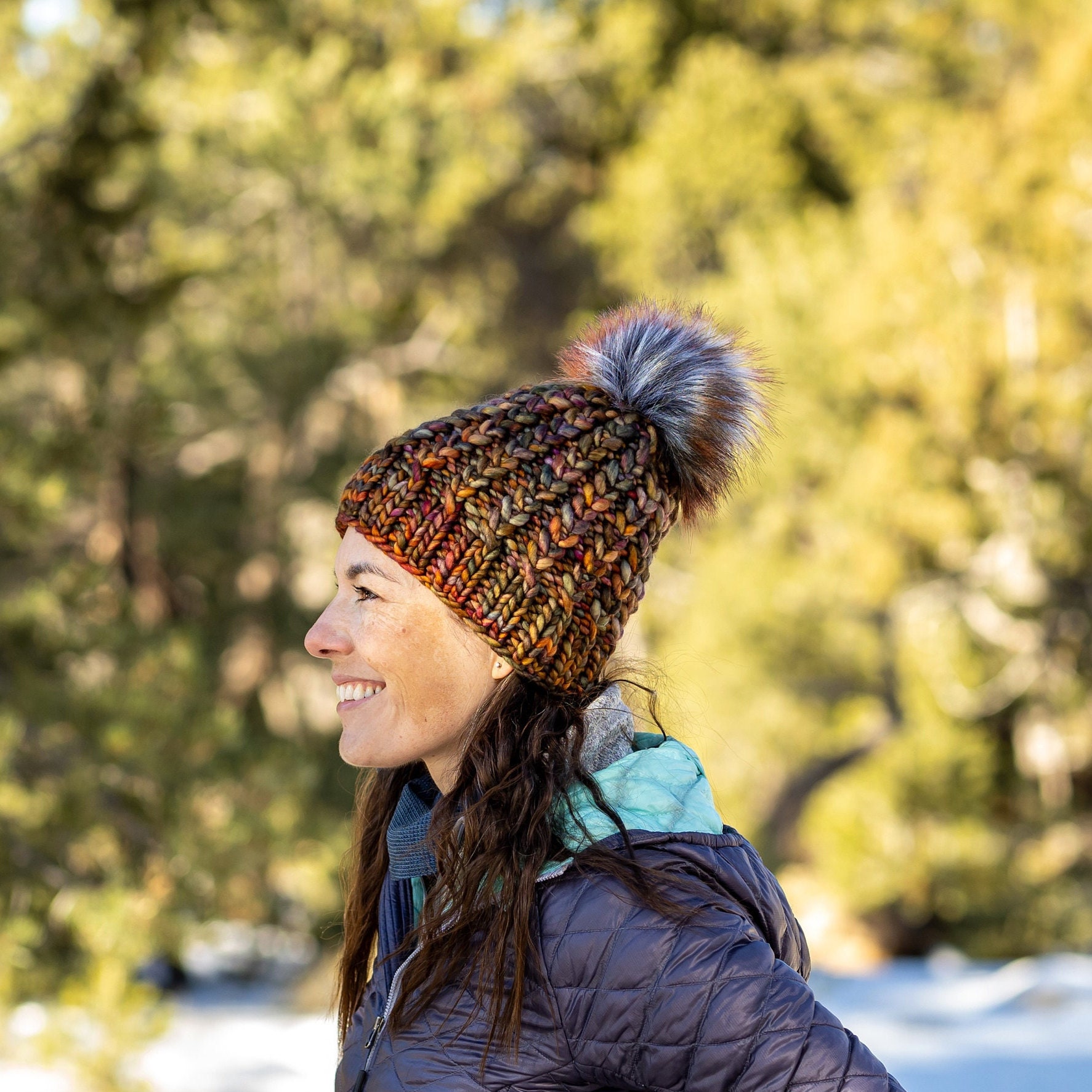 Hand Knit Merino Wool Braided Hearts Beanie With Faux Fur  display picture 1