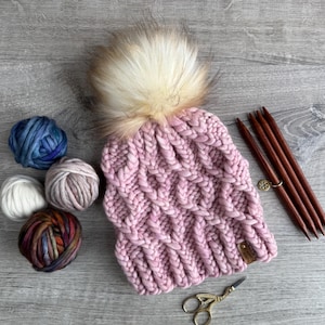 Soft Merino Wool Cable Knit Hat, Green Purple Blue Yellow Hand Knit Beanie, Small to Medium Adult, Detachable Faux Fur Pom - by Canyon Knits