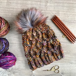 Soft Merino Wool Cable Knit Hat, Brown Hand Knit Beanie, with Detachable Faux Fur Pom Pom - by Canyon Knits