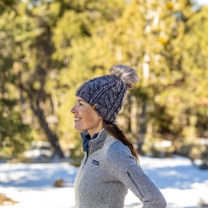 Premium Merino Wool Hand Knit Beanie, Soft Grey Cable Knit Hat, with Detachable Faux Fur Pom Pom - by Canyon Knits