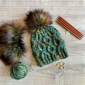 Soft Merino Wool Cable Knit Hat, Green Amber Hand Knit Beanie, with Detachable Faux Fur Pom Pom - by Canyon Knits