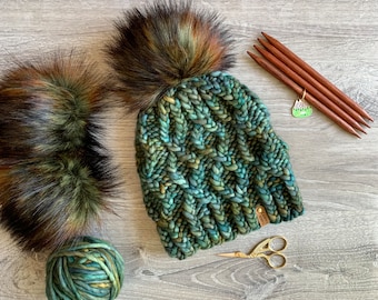 Soft Merino Wool Cable Knit Hat, Green Amber Hand Knit Beanie, with Detachable Faux Fur Pom Pom - by Canyon Knits