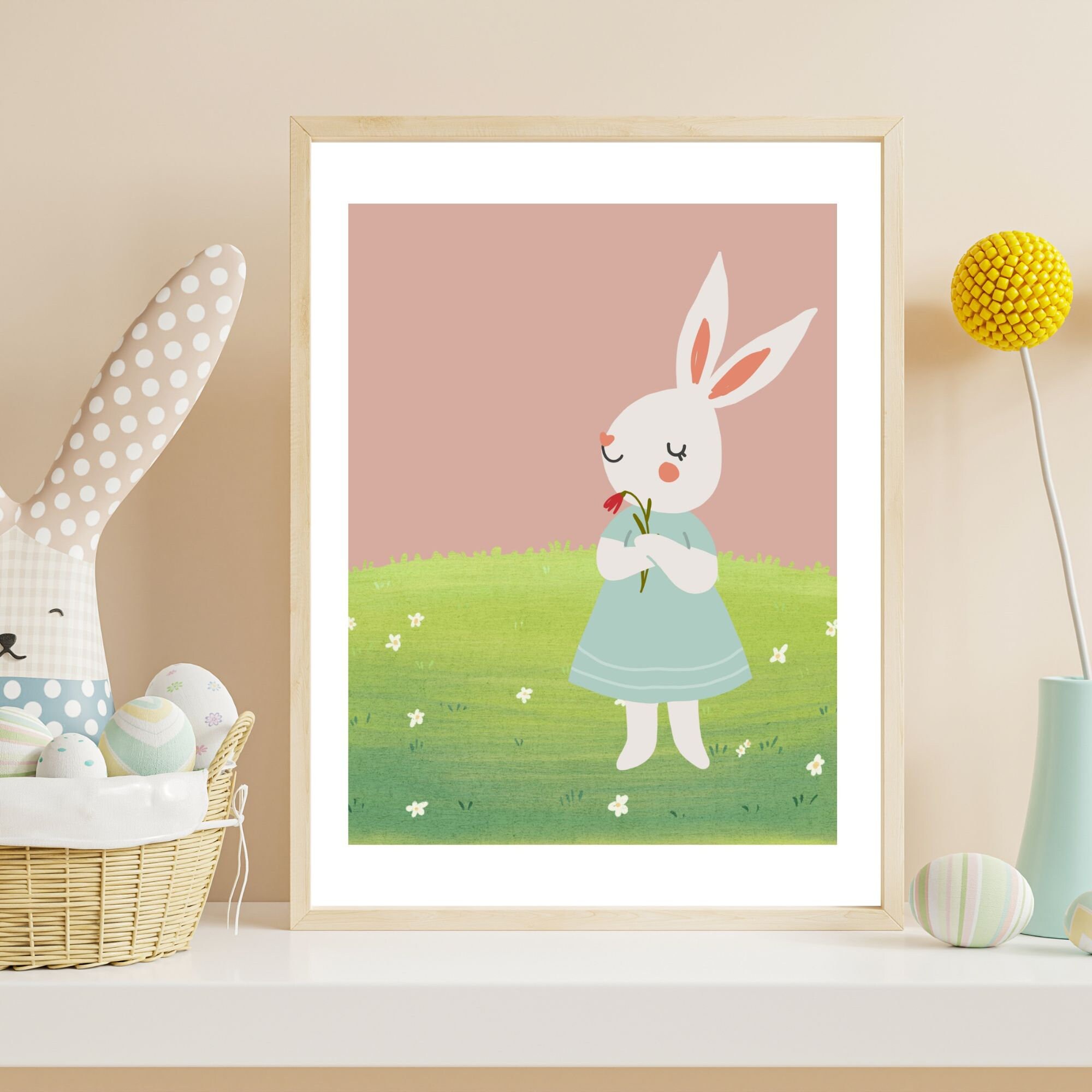 Set of 2 Colorful Rabbits Vintage, Animal Print, Spring Decor, Bunnies ...