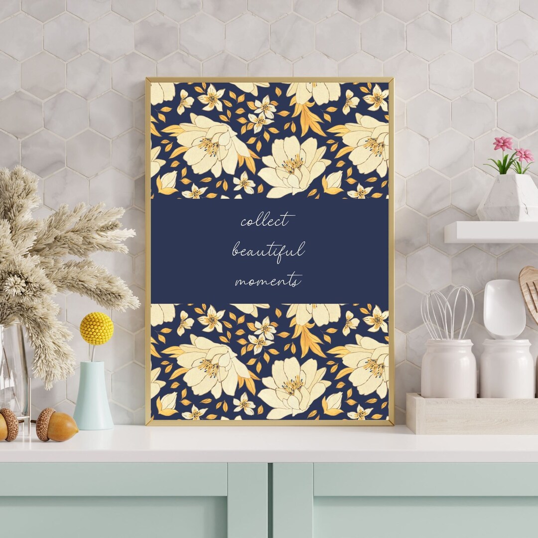Abstract Floral Printable Wall Art, Navy Gold Wall Decor, Inspirational
