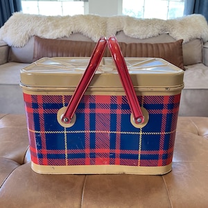 Vintage NESCO metal picnic basket - picnic hamper -1960s - Black/ red plaid- lidded- camping- retro picnic basket