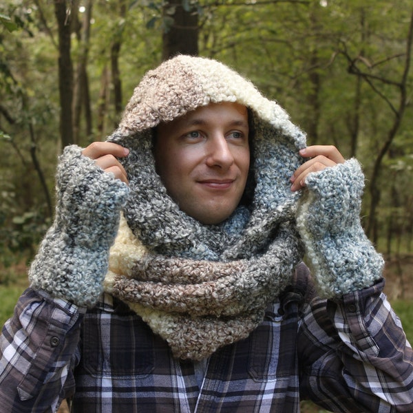 Crochet Oversized Cowl Hat and Gloves Set Fluffy Hooded Cowl