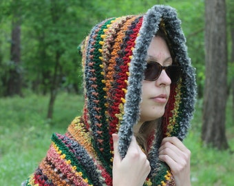 Crochet Hooded Cowl Autumnal Scarf Goblincore Rustic Boho Fall Cowl