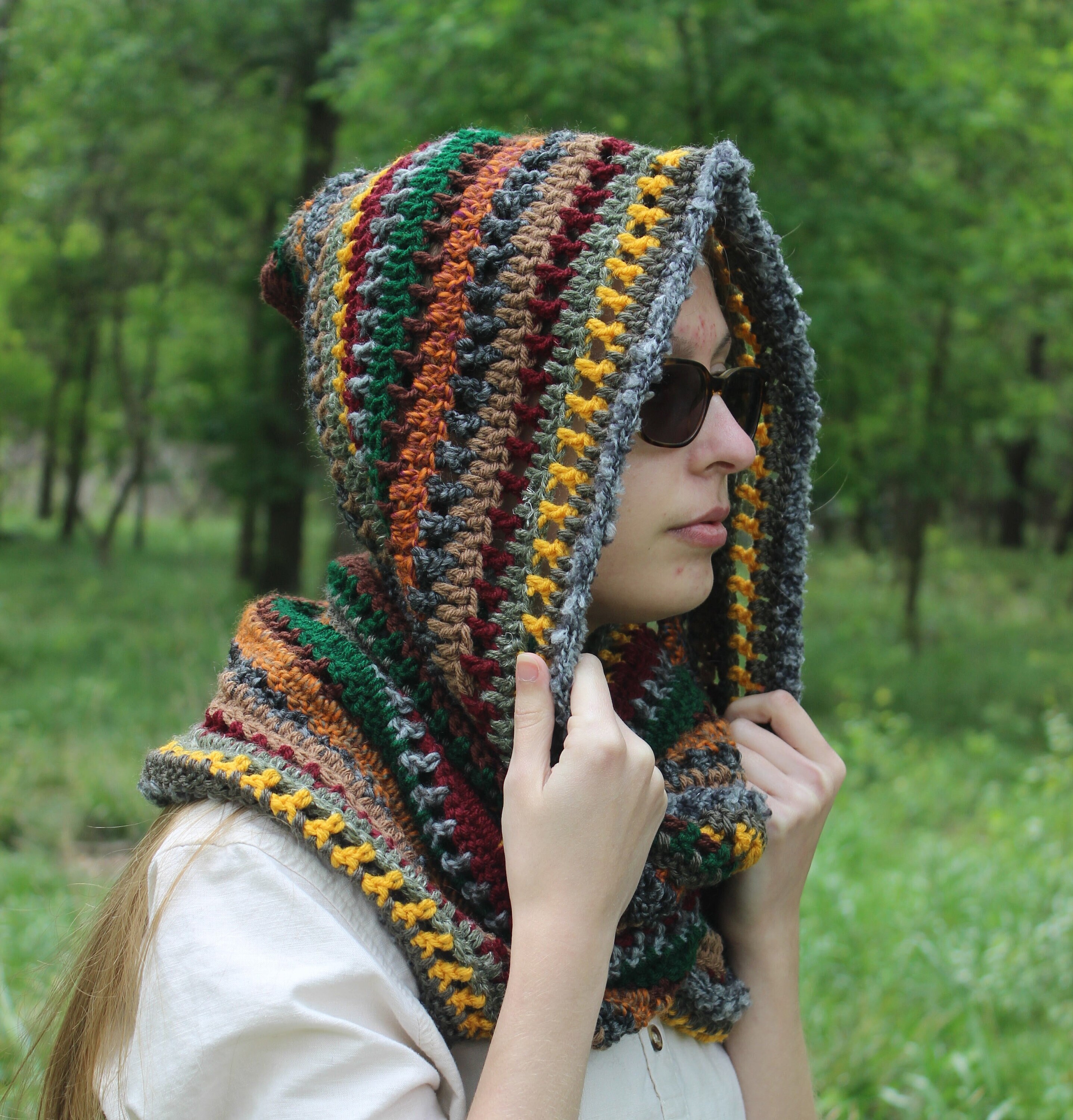 Crochet Hooded Cowl Goblincore Scarf Autumnal Rustic Boho