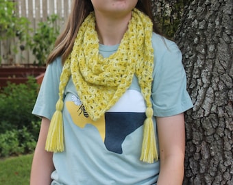 Crochet Scarf Triangle Wrap Tassels Yellow Wool