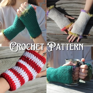 May include: Four different crochet fingerless gloves with colorful fringe. The gloves are green, white, red and white striped, and green. The text "CROCHET PATTERN" is in the center of the image.