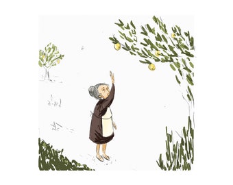 Stimmungsvolle Illustration „Zitronen“ – hochwertiger Kunstdruck – alte Frau pflückt Zitronen – Wandkunst – digitale Malerei