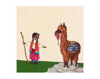 Ilustración "Andes" - impresión de arte de alta calidad - niña peruana con llama - impresión de bellas artes 30x30 - pintura digital - arte de pared