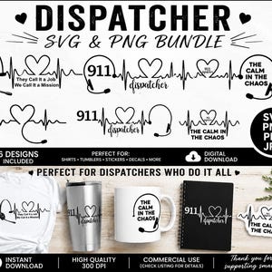 Pode incluir: Um pacote digital de seis designs gráficos pretos com linhas de EKG em forma de coração, headsets e o texto 911, dispatcher e The Calm in the Chaos. Os designs são exibidos em uma camiseta branca, um copo de metal, uma caneca e um caderno.