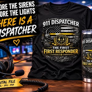 May include: A black t-shirt and a matching tumbler featuring the text 911 DISPATCHER THE FIRST FIRST RESPONDER, a headset icon, and a stylized American flag with a gold stripe. The text BEFORE THE SIRENS BEFORE THE LIGHTS THERE IS A DISPATCHER is visible.