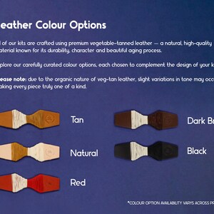 May include: Image showcasing leather color options: Tan, Natural, Red, Dark Brown, and Black. Each color sample is a small, stylized leather piece with a central white element. Text at the top reads "Leather Colour Options."