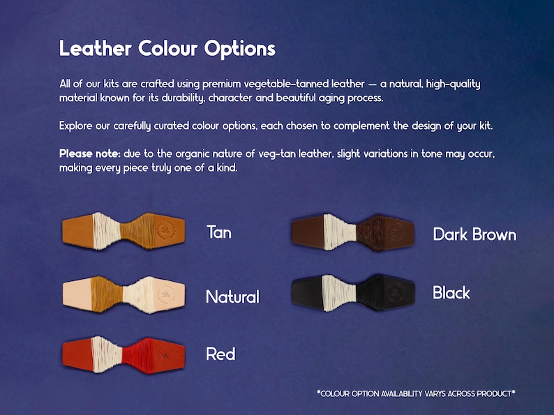 May include: Image showcasing leather color options: Tan, Natural, Red, Dark Brown, and Black. Each color sample is a small, stylized leather piece with a central white element. Text at the top reads "Leather Colour Options."