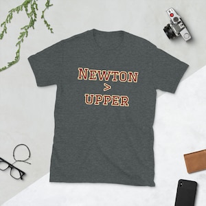 May include: A dark heather grey t-shirt with the text "NEWTON > UPPER" printed in maroon with a yellow outline.