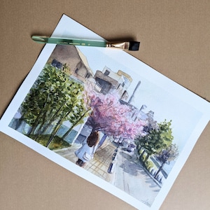 Aquarell, Watercolor, Japanische Landschaft, Kirschblüte, Geschenk, Kunst, Original Aquarell, Wandkunst, Japan, Original Aquarell, Sakura