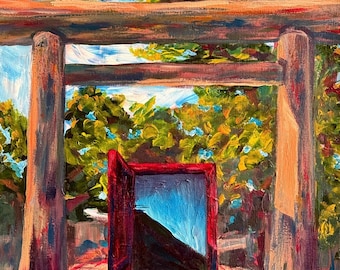 May include: An oil painting depicts a wooden archway with a red door. The archway is supported by thick, brown pillars. Lush green foliage and a bright blue sky fill the background. The open door reveals a view of a mountain and a field of red flowers.