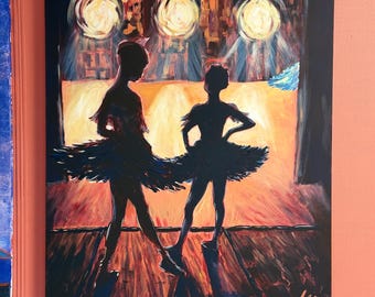 May include: An oil painting depicts two ballet dancers on a stage, illuminated by bright spotlights. The dancers are in silhouette, wearing tutus. The background features a warm color palette of orange, yellow, and brown, suggesting a performance setting.