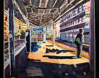 May include: A watercolor painting of a person standing on a train platform. The platform is covered by a metal awning. The person is wearing a blue jacket and has a backpack on. The painting is done in shades of blue, brown, and yellow.