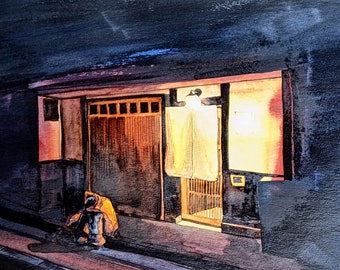 May include: A watercolor painting of a person sitting outside a building at night. The building has a wooden door and a white curtain hanging in the doorway. The person is wearing a yellow jacket and is sitting on the sidewalk. The building is lit up from inside, casting a warm glow on the sidewalk.