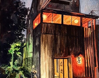 Night walk in Hatsudai, Original watercolor, Tokyo, Japan, painting, original watercolor, art, Christmas, painting, gift, travel, urban