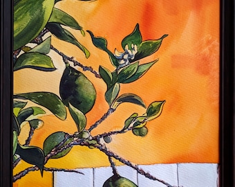 May include: Watercolor painting of a lemon tree branch with green lemons and leaves against an orange and white background. The artwork is framed in a black wooden frame. The painting captures the vibrant colors of the fruit and foliage.