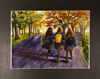 May include: Three friends walk down a path lined with trees in a watercolor painting. The friends are wearing backpacks and walking in a line. The trees are in the background and the path is in the foreground. The painting is done in shades of green, brown, and blue.