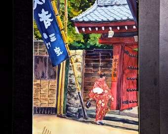 May include: Watercolor painting of a Japanese scene. A person in a red kimono walks toward a red gate. A blue banner with white Japanese characters hangs on a bamboo pole. The artwork is framed in black.