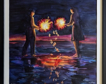 May include: A watercolor painting of two people standing on a beach at night, holding sparklers. The sparklers are creating a shower of sparks that are reflected in the water. The sky is dark blue with stars, and the water is a deep blue with a red glow from the sparklers.
