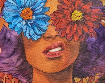 May include: A painting of a person with purple hair wearing a floral crown. The person has brown skin and is looking at the viewer. The person's eyes are covered by two large flowers, one blue and one red.