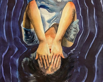 May include: A watercolor painting of a person with dark hair, lying on their back with their arms covering their face. The person is wearing a light blue shirt and is surrounded by dark blue and purple wavy lines.