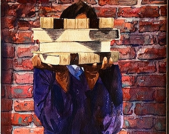 May include: Watercolor painting of a person holding a stack of books in front of a brick wall. The person is wearing a dark blue coat. The books are beige with gold accents. The brick wall is red and brown.