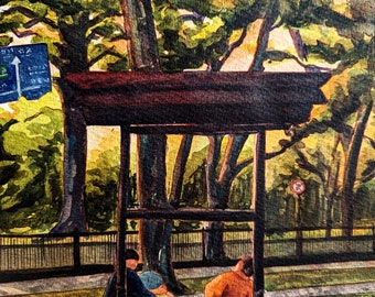May include: Two people in traditional Japanese clothing stand in front of a wooden structure with a stone base. The structure is surrounded by green grass and trees. The sky is a light blue with a few clouds.