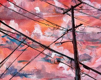 May include: A watercolor painting of a power pole with many wires running across a pink and orange sunset sky. The sky is filled with fluffy white clouds.