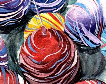 May include: A collection of colorful, striped, round ornaments. The ornaments are painted in shades of blue, red, yellow, and purple.