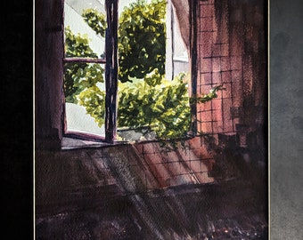 May include: Watercolor painting of a window with a view of green trees and foliage. The window is open and the light from outside is shining through the room, creating a warm and inviting atmosphere.